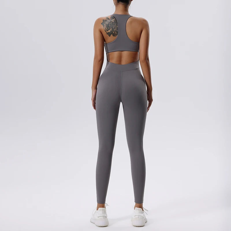 Women's Sleeveless Nylon Blend Workout Jumpsuit with Front Zipper and Back Cutout