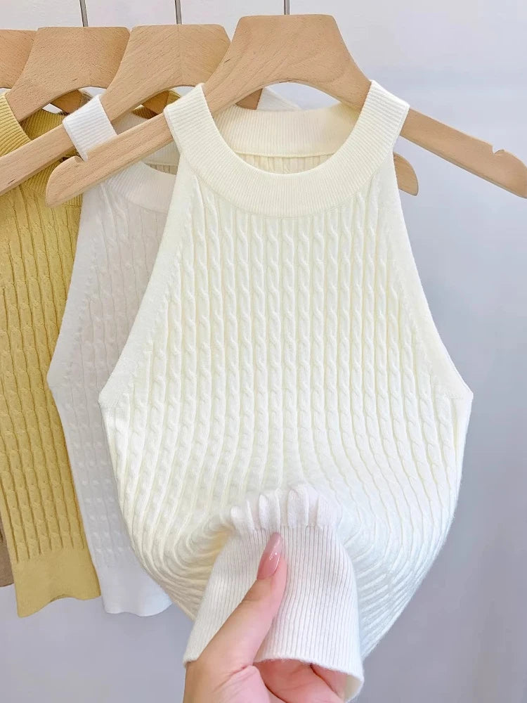 Women's High Neck Ribbed Polyester Crop Tank Top with Sleeveless Cut