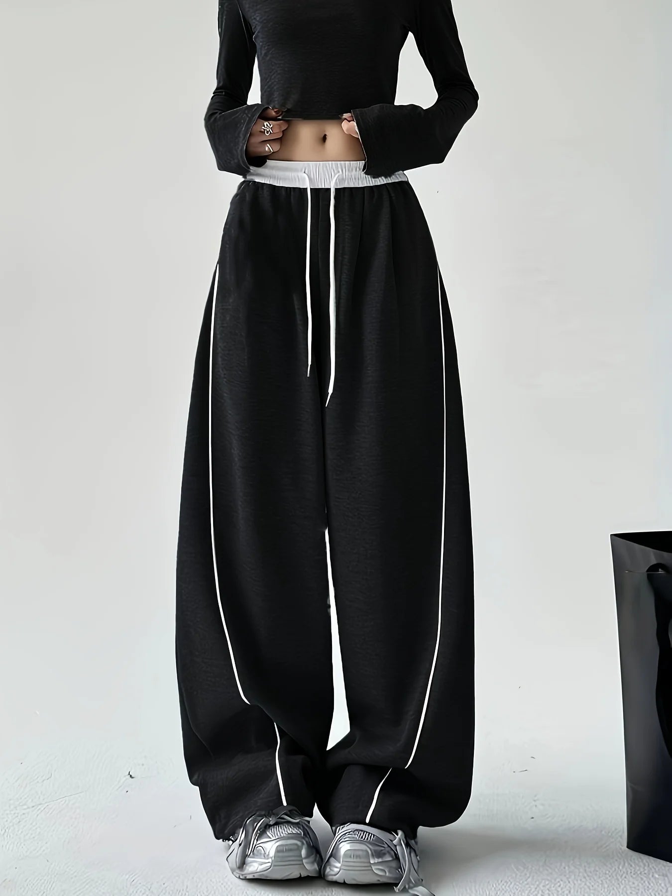 Women's Loose Wide Leg Pants with Contrast Stripe Style Options