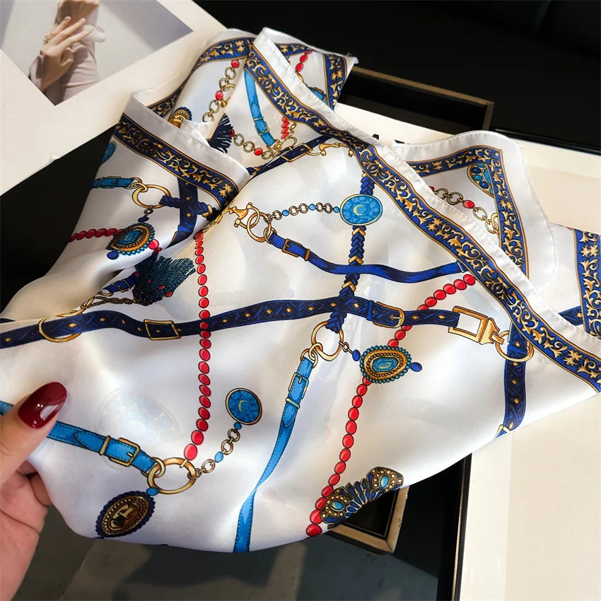 Chain Print Square Scarf with Decorative Border Designs