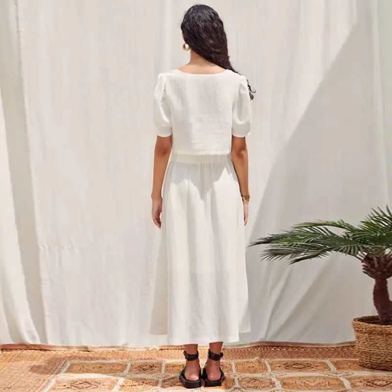 Women's Cotton-Linen Square-Neck Cropped Blouse with Short Puff Sleeves for Summer Outfits