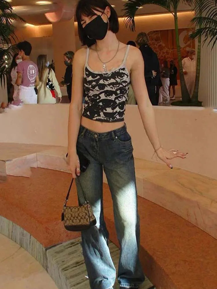 Women's Graphic Print Crop Top with Spaghetti Straps and Cropped Length