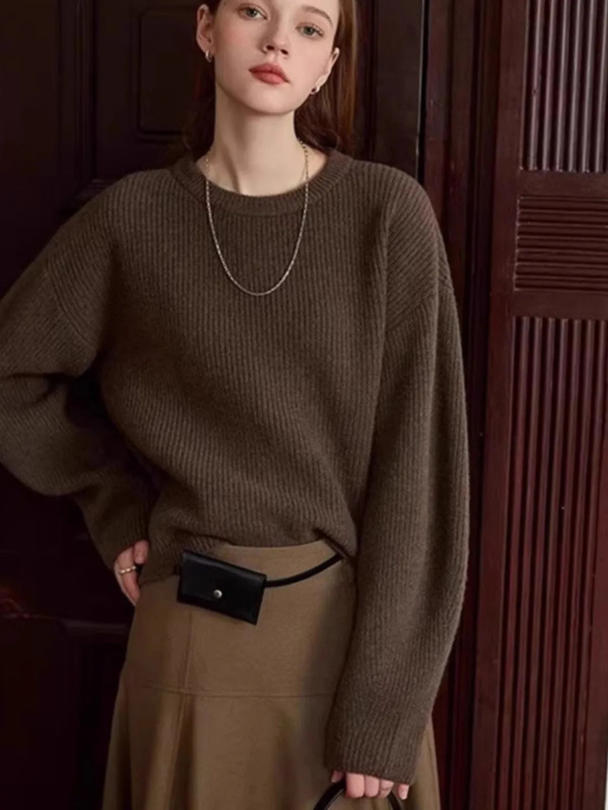 Vintage thick cashmere knitwear women's fall/winter loose shoulder crew neck sweater base sweater