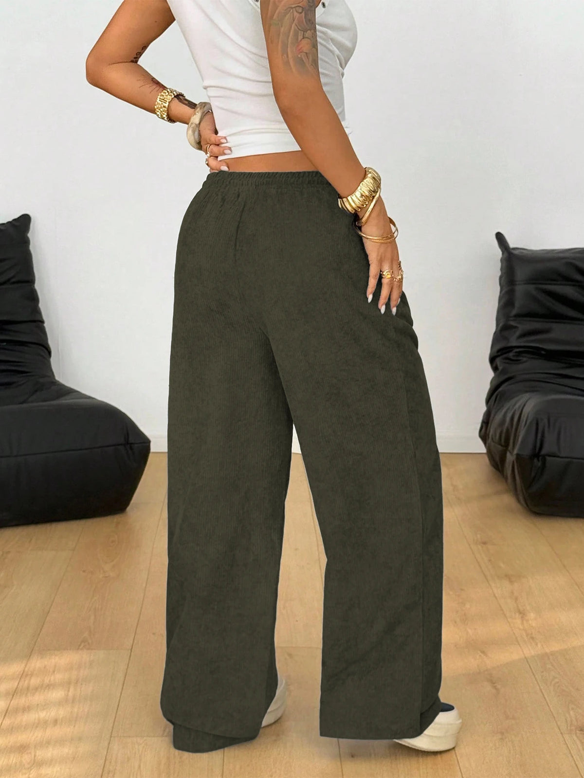 Women's Corduroy Style Drawstring Pants with Wide Legs and Pockets