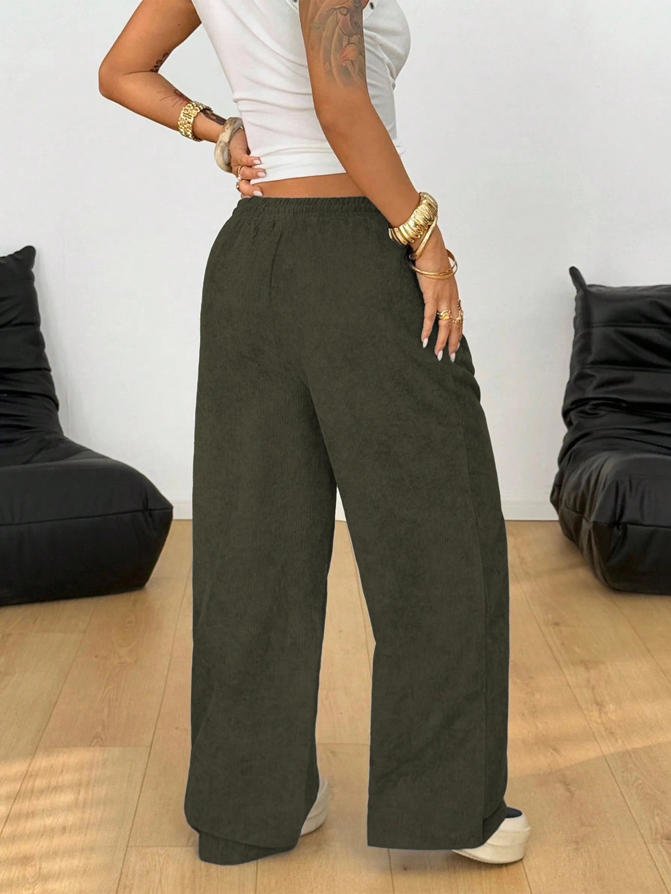 Women's Corduroy Style Drawstring Pants with Wide Legs and Pockets