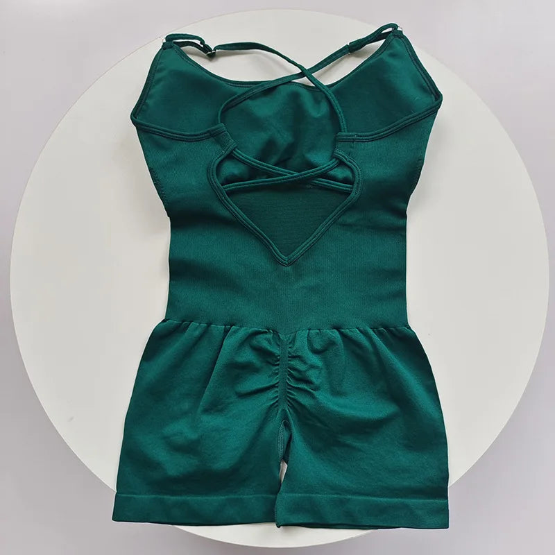 Women's Ribbed Nylon Blend Workout Romper with Lace Up Open Back