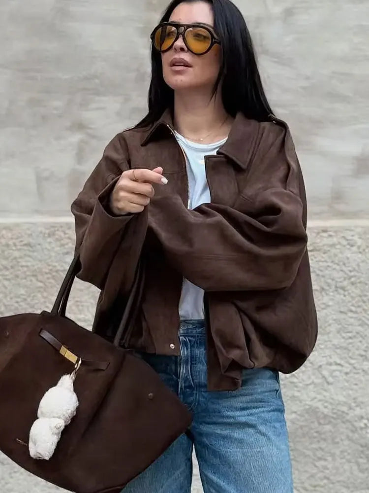 Women's Suede-Look Lapel Zip-Front Jacket