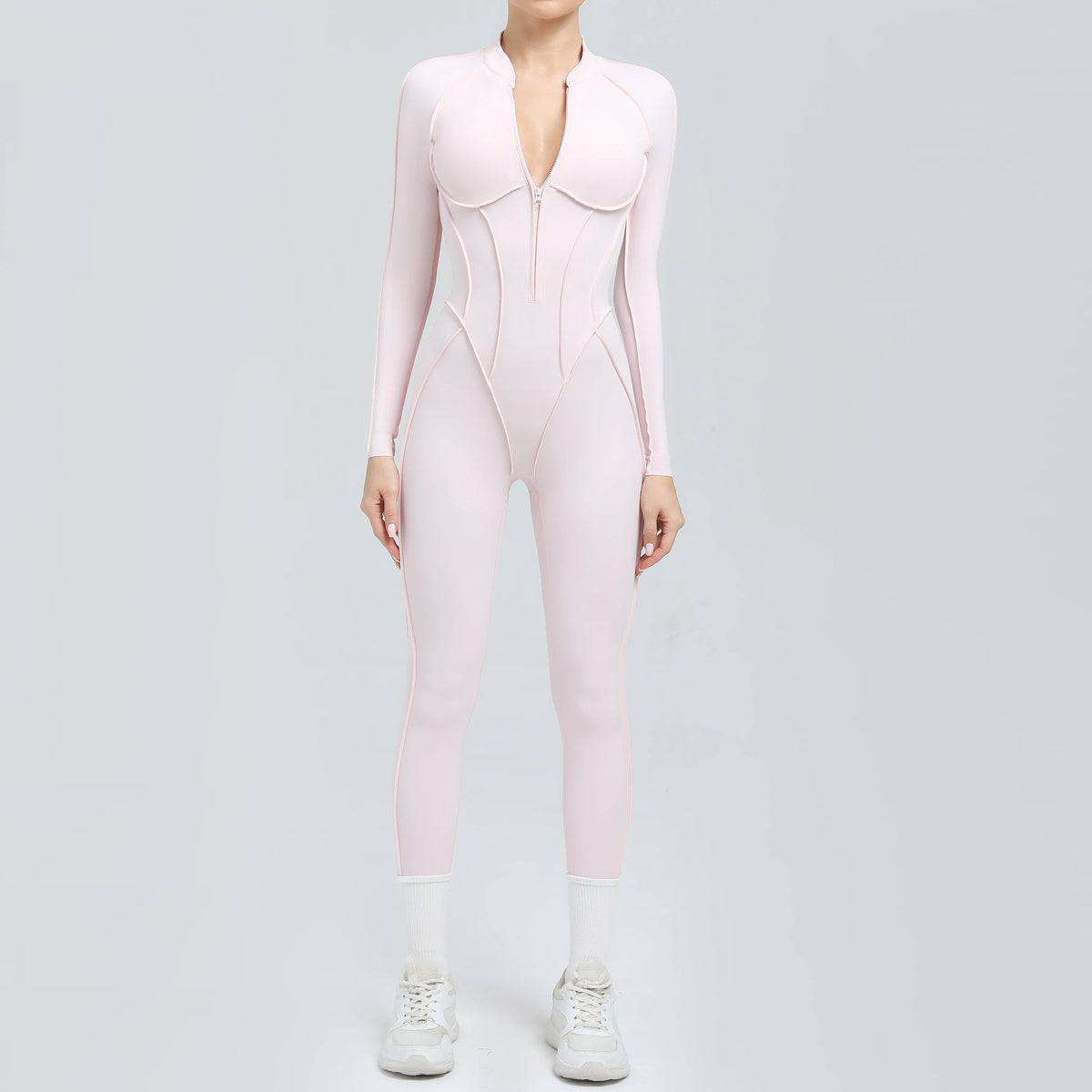 Women's Long Sleeve Zip Front Back Cutout Workout Jumpsuit