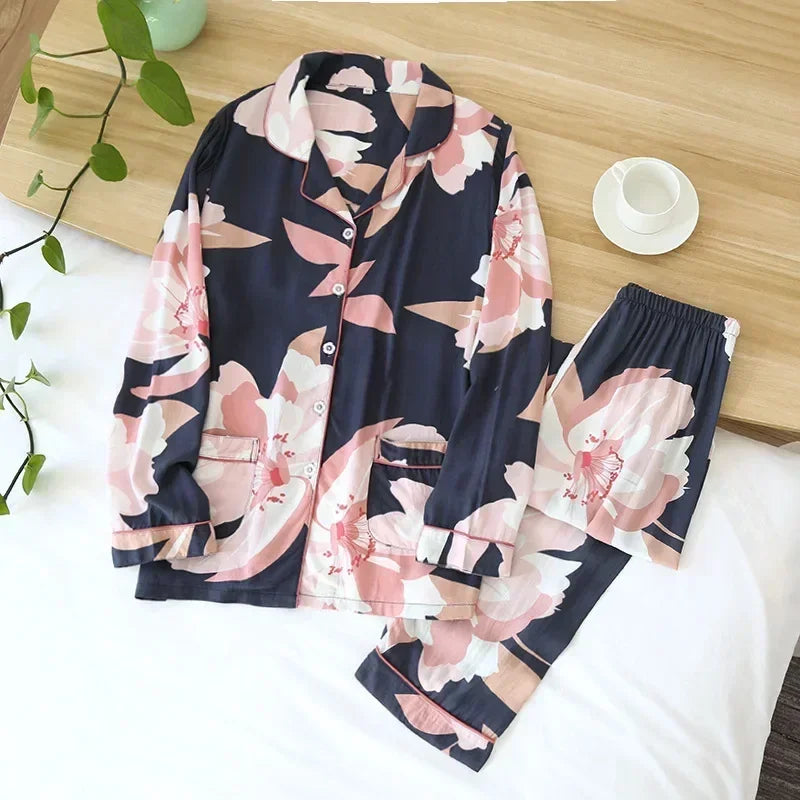 Women's Printed Button Front Pajama Set with Top and Pants