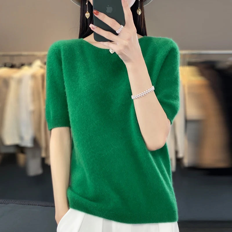 Women's Crew Neck Short Sleeve Sweater Casual Knit Layer