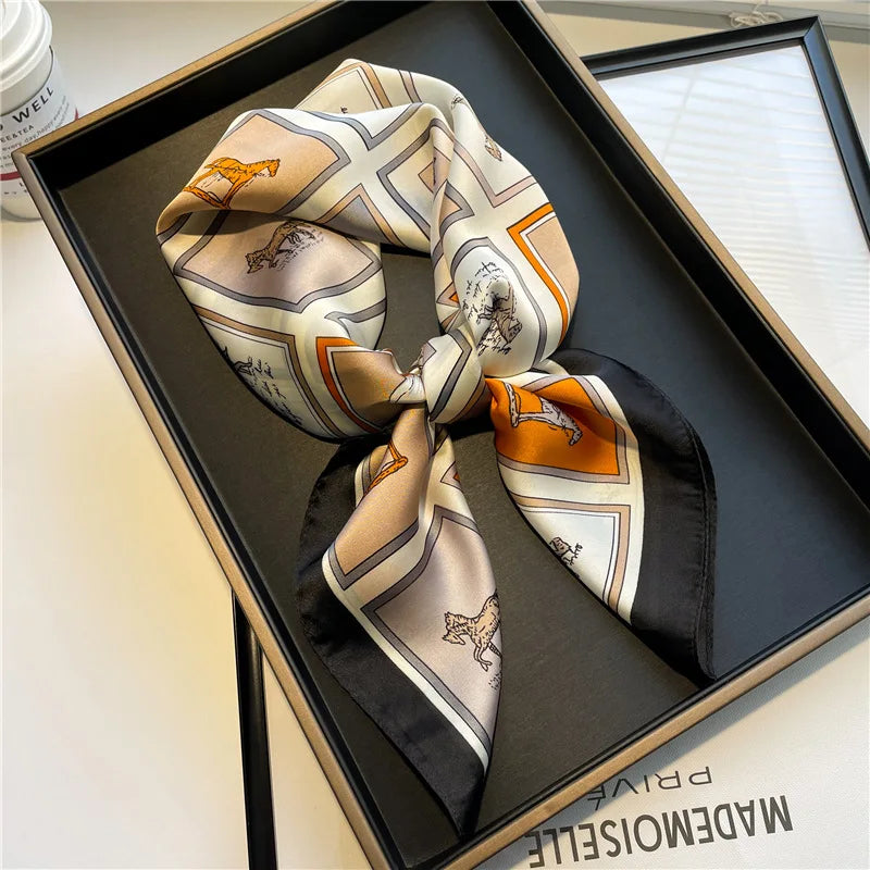 Horse Print Square Scarf with Decorative Patterned Border