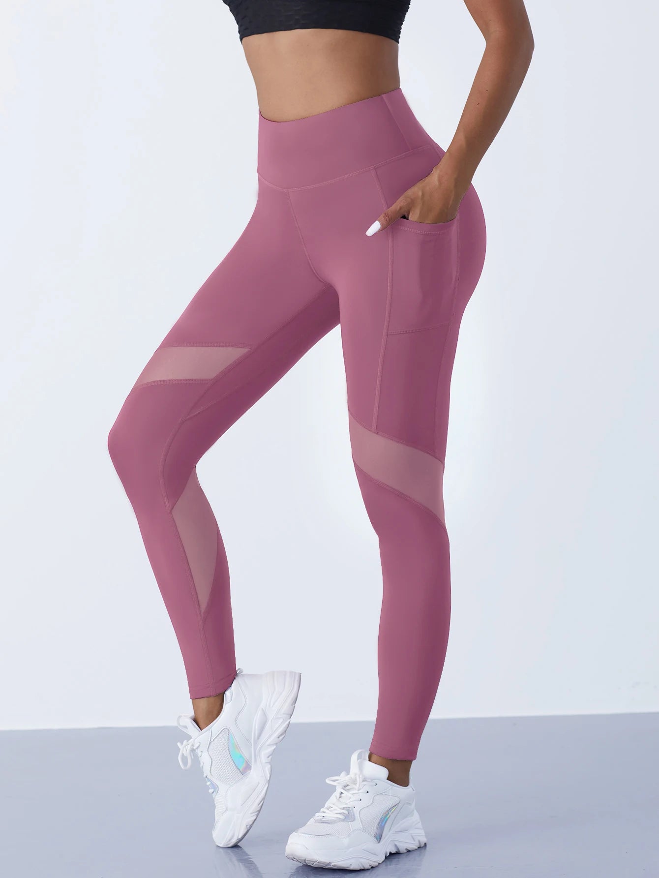 Women's Mesh Panel Side Pocket Panelled Full Length Leggings