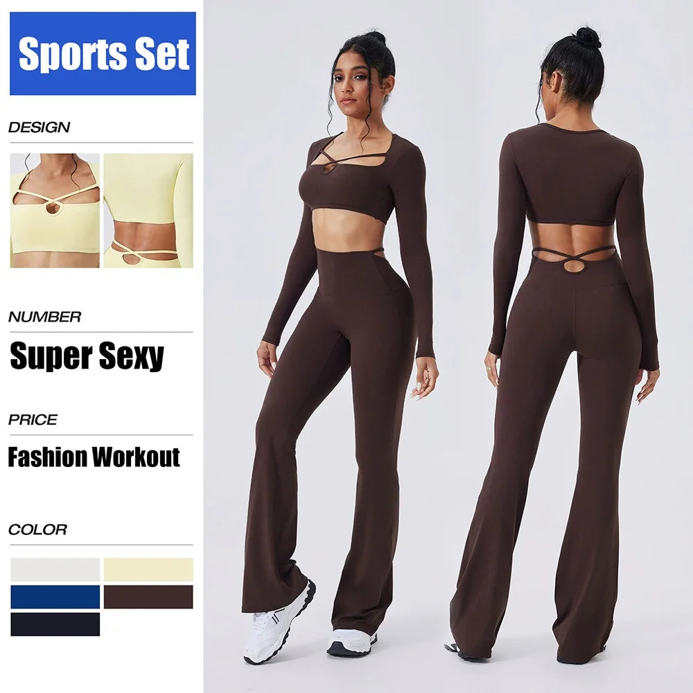 Women's Long-Sleeve Crop Top and Flared Pants Workout Set