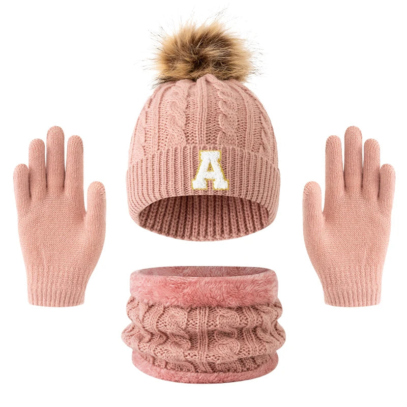 Children's Letter Knitted Hat Scarf and Gloves Set for Winter Wear