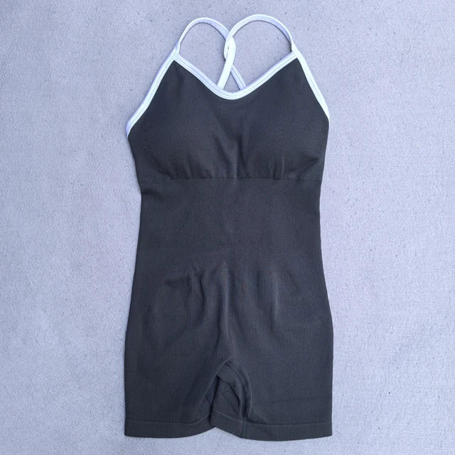 Women's Cross Back Nylon Blend Workout Romper with White Trim and Short Legs