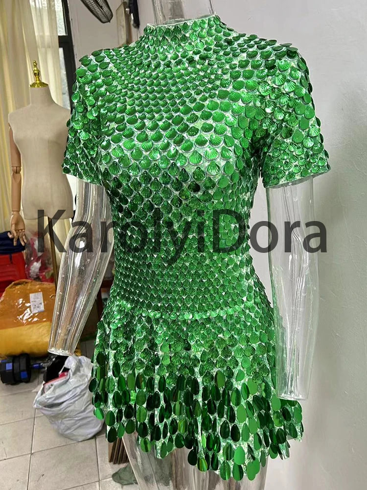 Women's Disc Sequin Mini Dance Dress with Short Sleeves and High Neck
