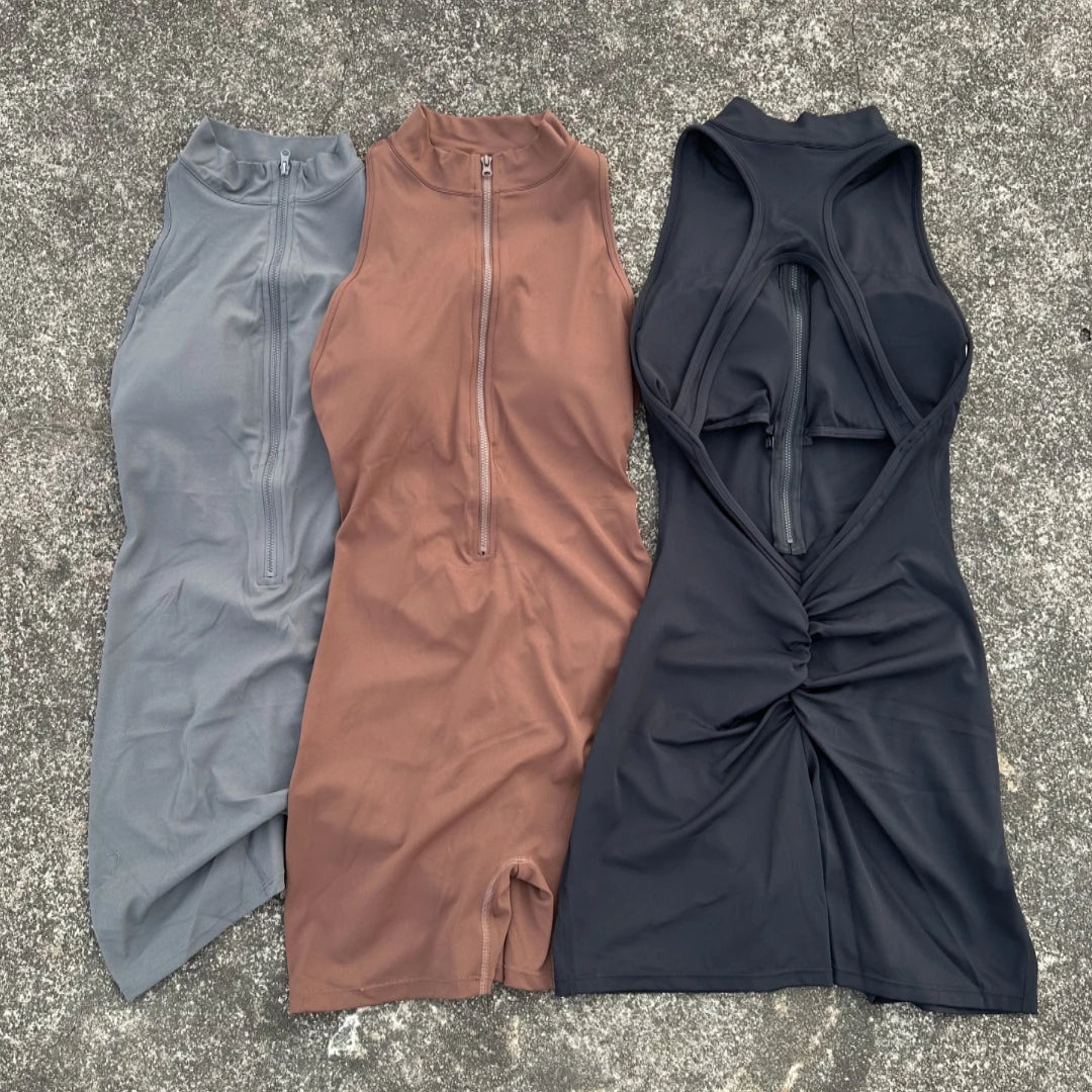 Women's Zip Front Nylon Blend Workout Romper with Stand Collar and Racerback