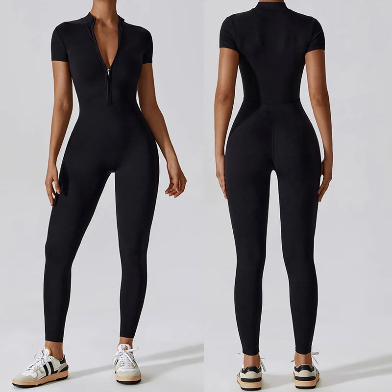 Women's Short Sleeve Nylon Blend Workout Jumpsuit with Collar and Front Zip