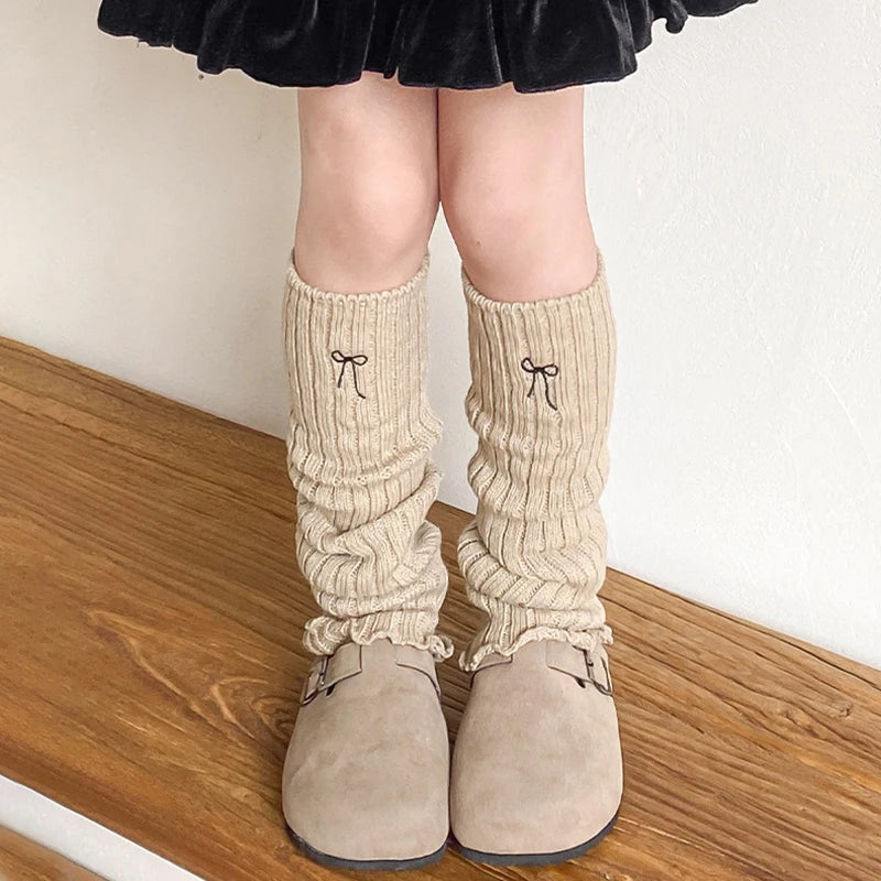 Children's Ribbed Leg Warmers with Embroidered Bow and Ruffled Cuffs