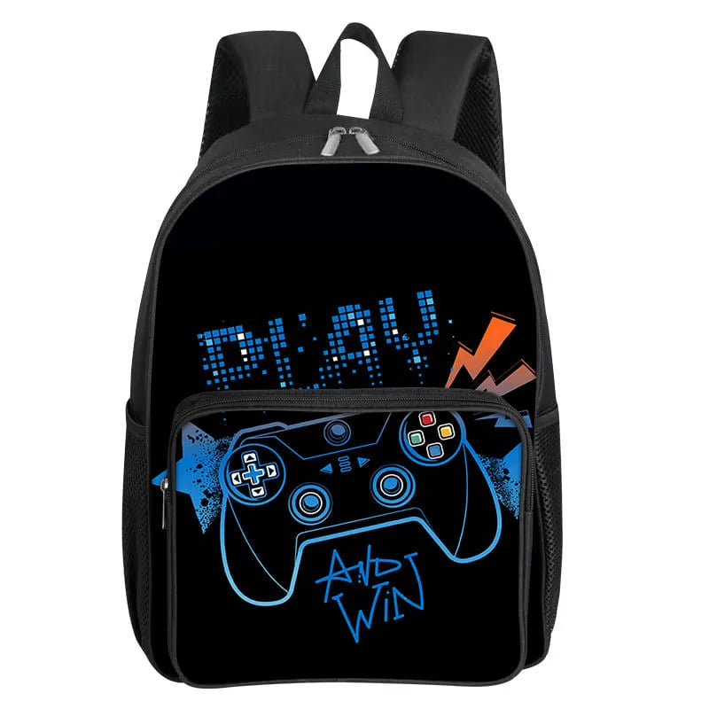 Children's Gamepad Print Backpack with Front Pocket and Twin Shoulder Straps