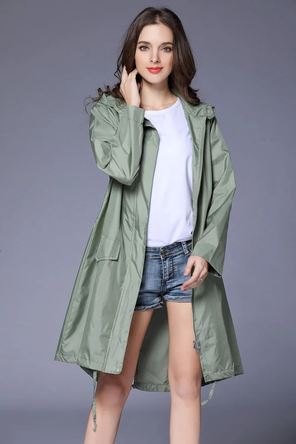 Long Hooded Front Opening Jacket for Layering over Outfits