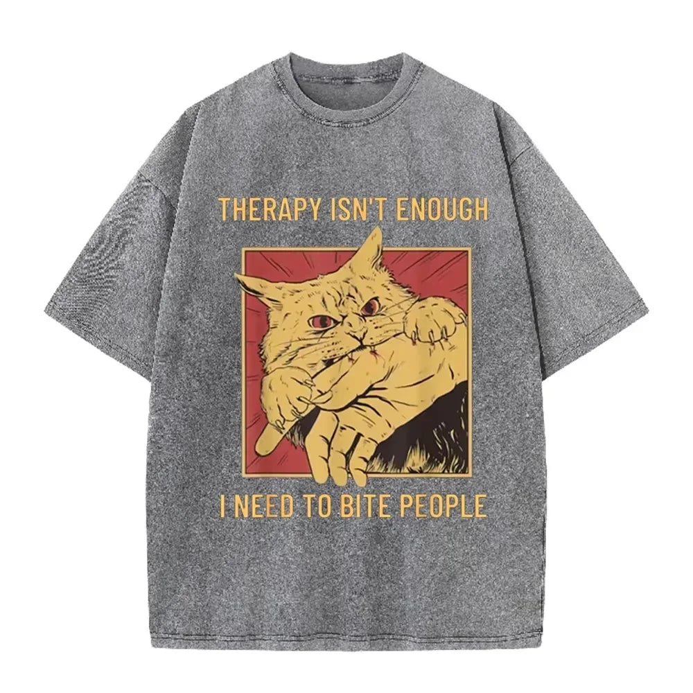 Funny Cat Bite Hand herapy Isn't Enough Print Vintage Washed Black T Shirt
