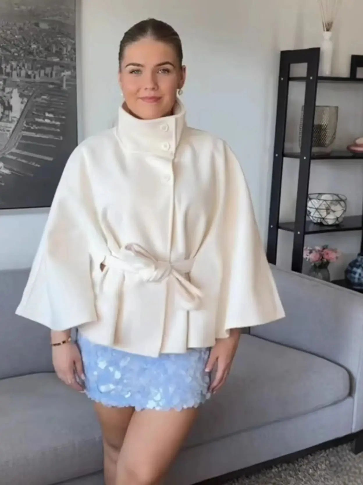 Belted Stand Collar Cape for Layering over Outfits