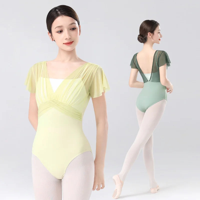Women's Short Sleeve Ballet Leotard with Pleated Bodice and Contrast Panels