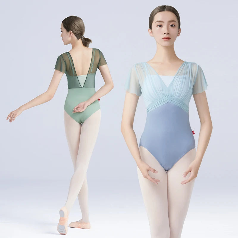 Women's Short Sleeve Ballet Leotard with Pleated Bodice and Contrast Panels
