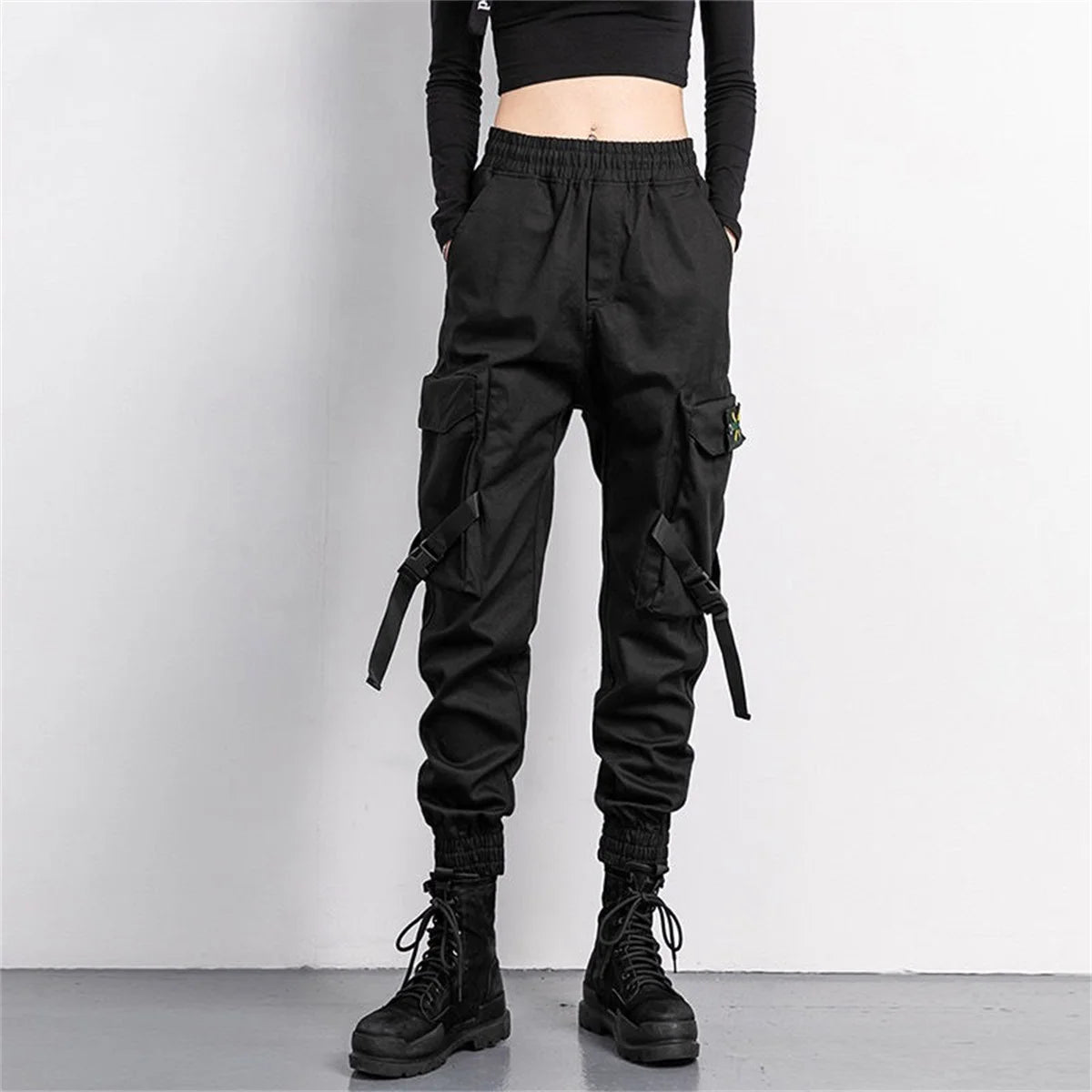 Women's Black Cargo Joggers with Pocket Tabs and Gathered Lower Legs