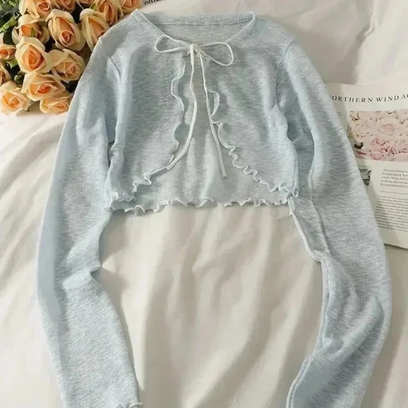 Women's Tie Front Cropped Long Sleeve Cardigan Casual Knit Layer