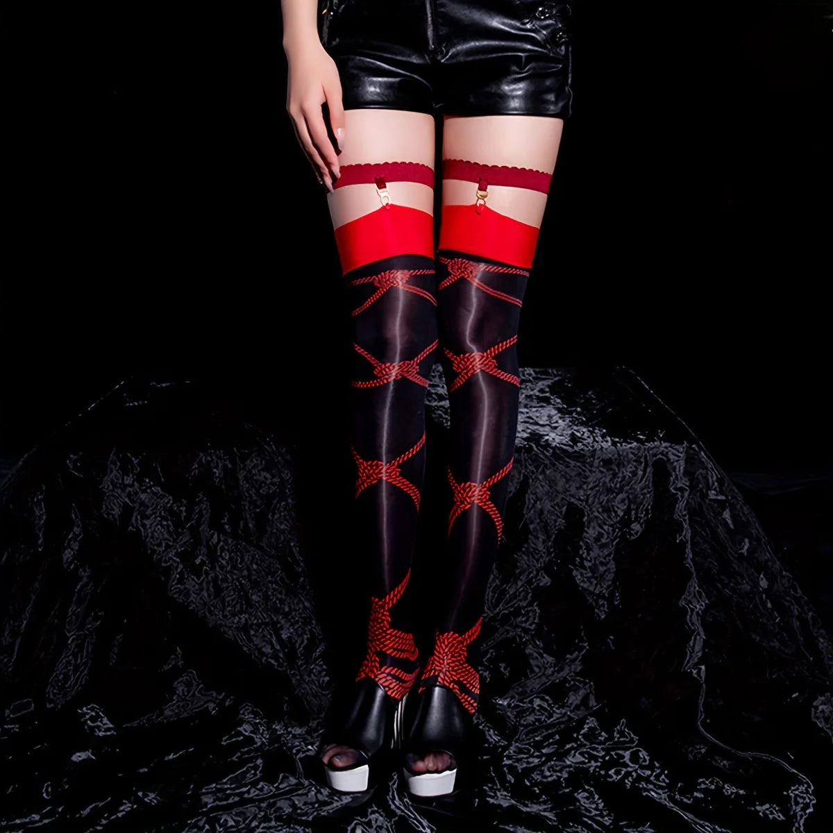 Printed Thigh High Stockings with Decorative Leg Strap Options