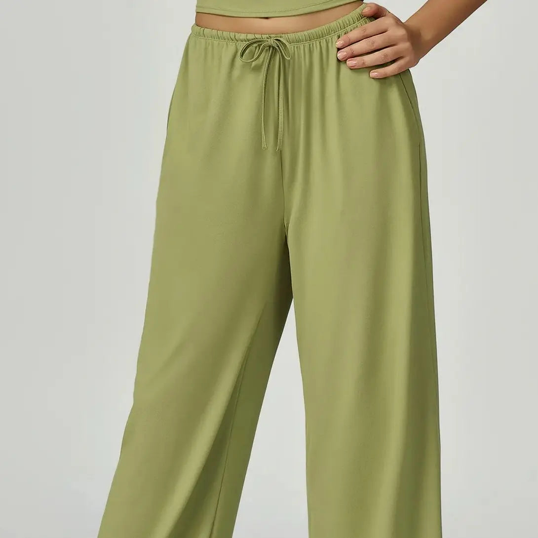 Women's Drawstring Waist Polyester Blend Palazzo Pants with Loose Wide Legs