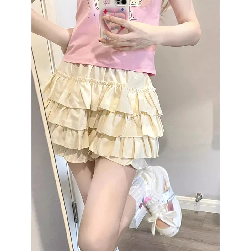 Women's Polyester High-Waist Ruffled A-Line Mini Skirt with Bows for Summer Outfits