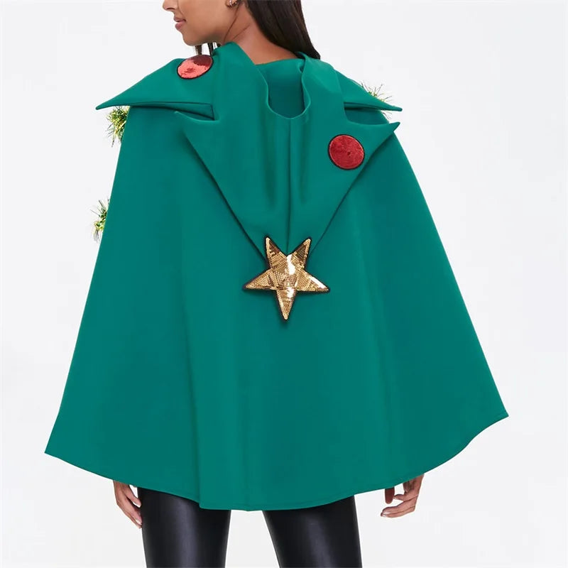 Decorated Christmas Tree Hooded Poncho for Layering over Outfits