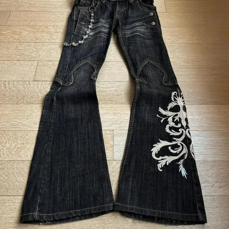 Women's Black Embroidered Wide Leg Denim Jeans For Everyday Outfits