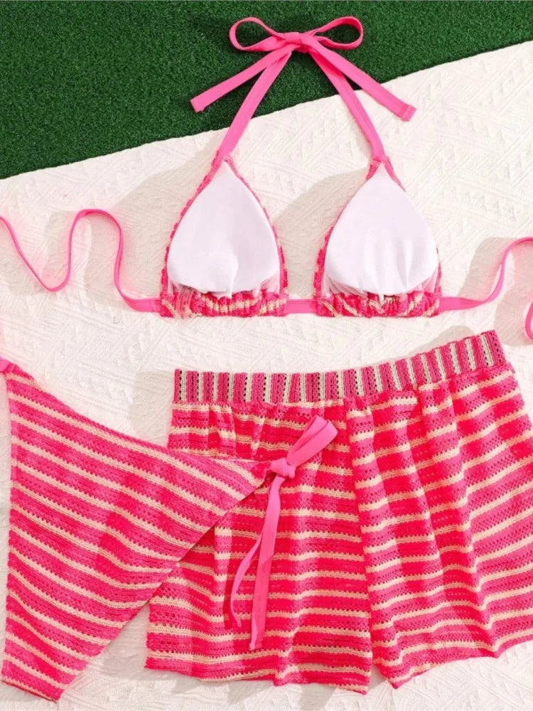 Women's Striped Triangle Bikini with Matching Swim Shorts