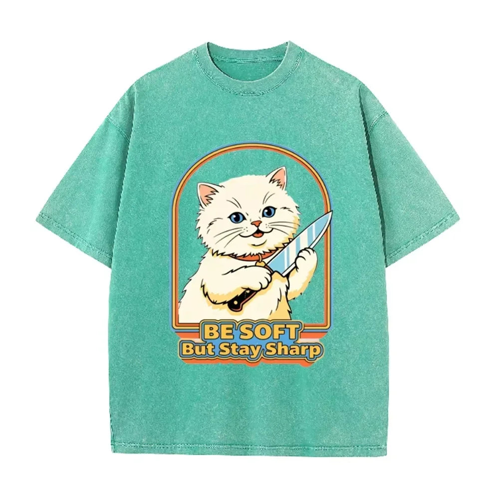 Vintage Washed Purple  Be Soft But Stay Sharp Knife Cat Retro Casual Graphic T Shirt