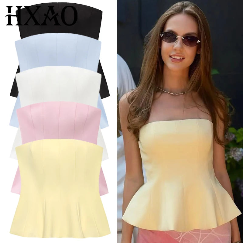 Women's Strapless Crop Top with a Ruffle Hem and Fitted Bodice