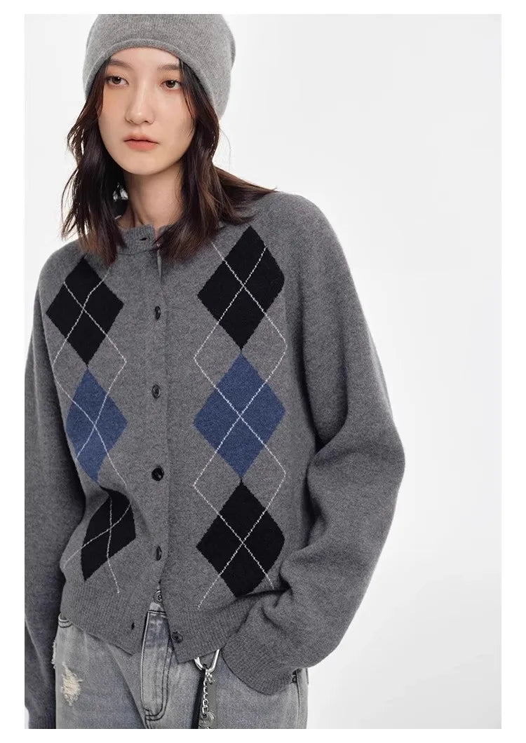 Autumn diamond-shaped cardigan women 100 pure cashmere sweater European high-end color-blocking knitted sweater coat