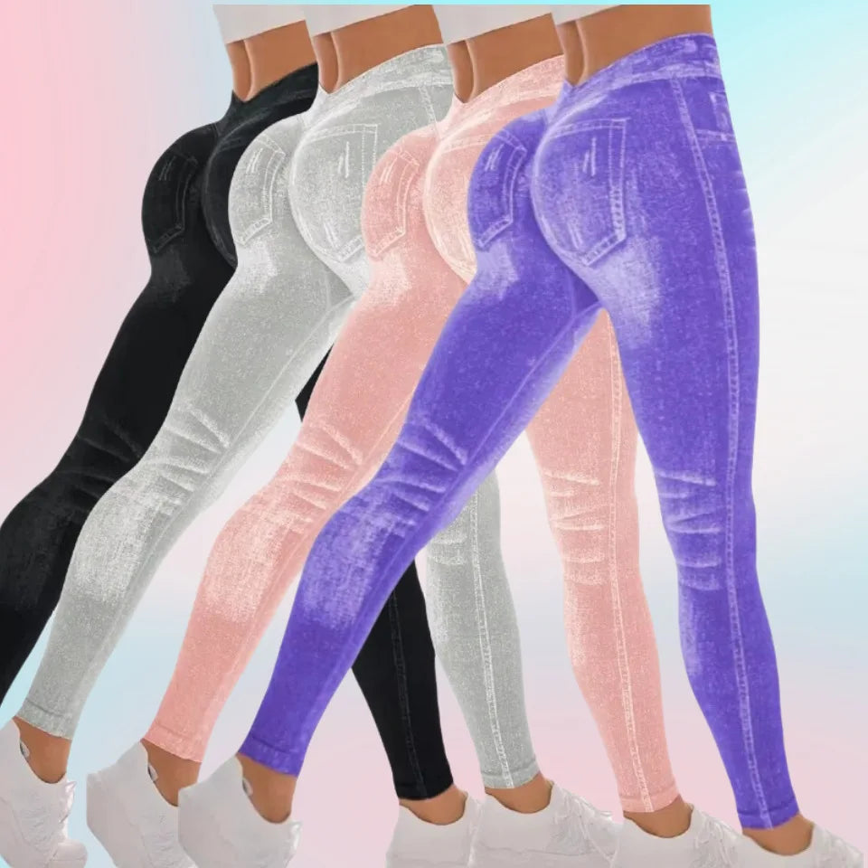 Women's Denim Look Full Length Leggings For Workout Outfits