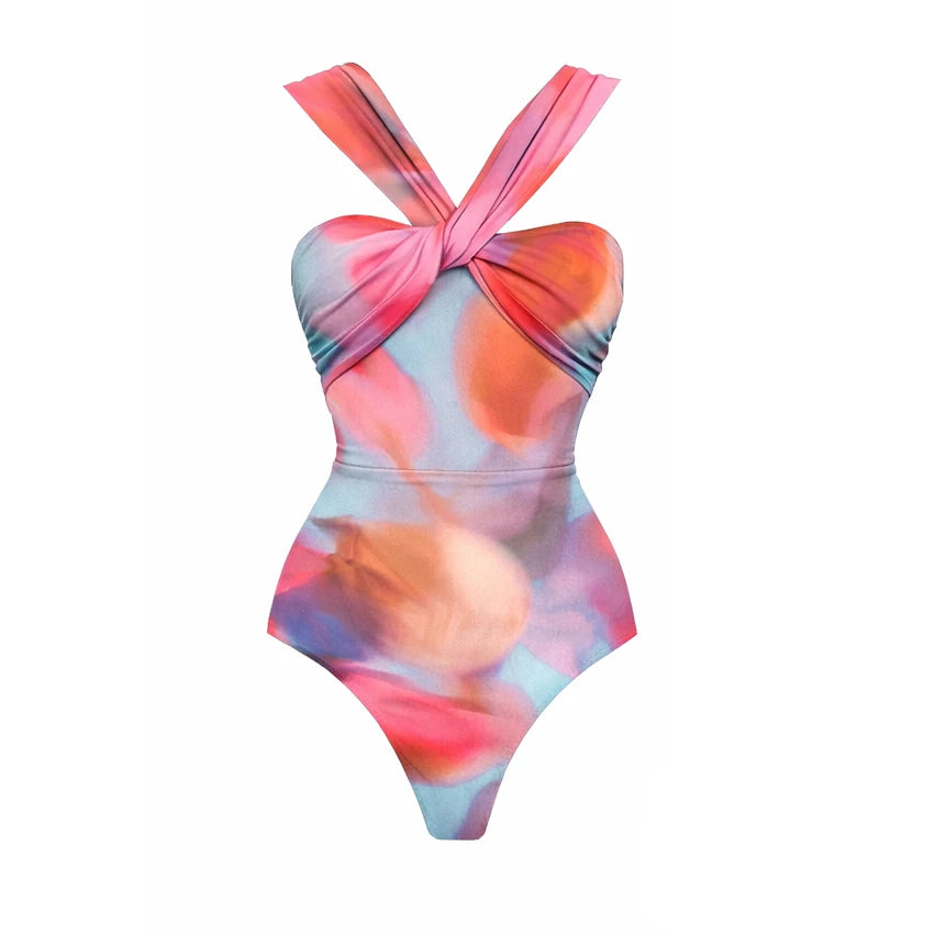 Striped Cutout One-Piece Swimsuit with Long Skirt