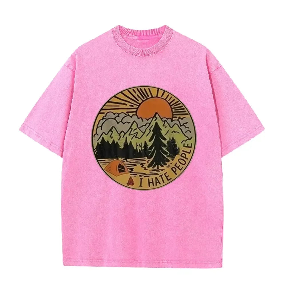 Vintage Camping I Hate People Print Washed Black Casual Outdoor T Shirt