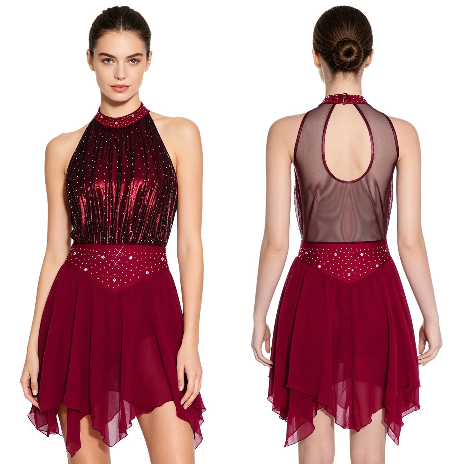 Women's Halterneck Metallic Dance Dress with Rhinestones and Asymmetric Skirt
