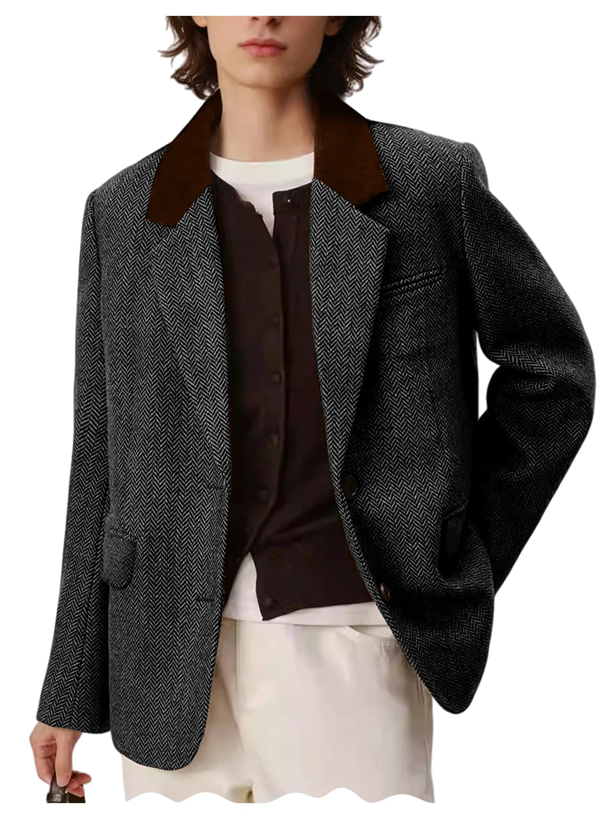 Men's Herringbone Two-Button Notch-Lapel Blazer with Contrast Collar