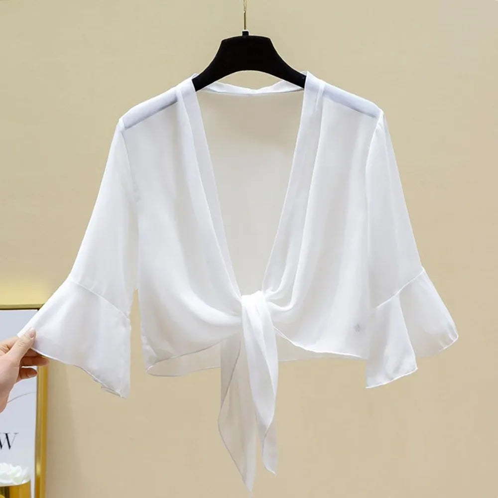 Chiffon Tie Front Short Sleeve Cardigan for Layering over Outfits