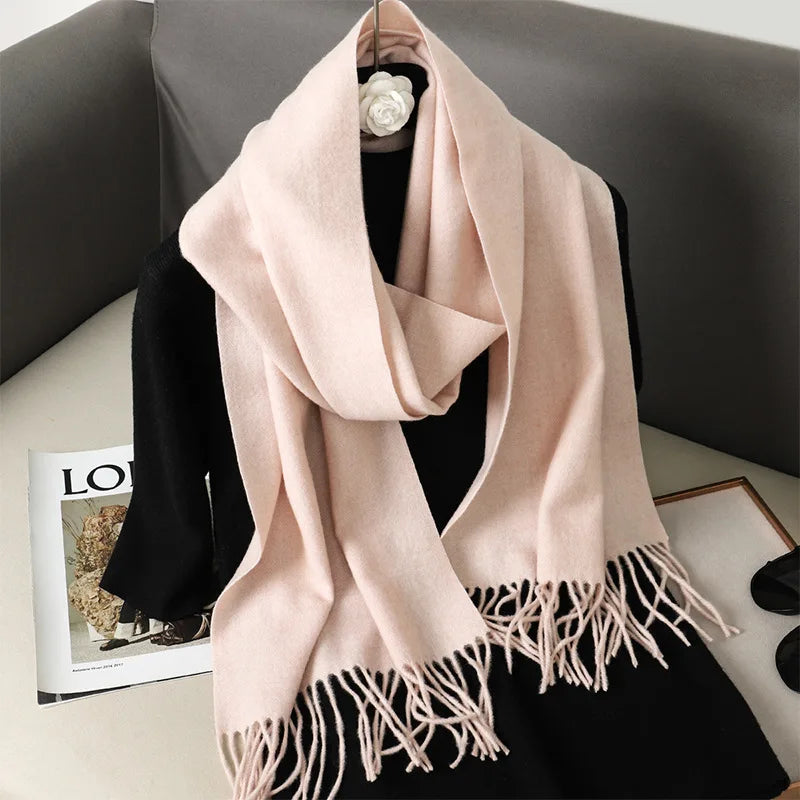 Solid Long Rectangular Scarf with Decorative Fringe Trim