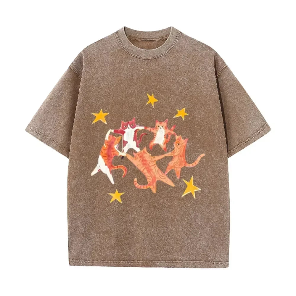 Vintage Washed Purple Dancing Orange Cats Star Print Casual Cute Animal Graphic T Shirt