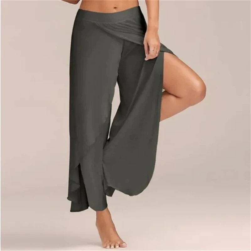 Women's Side Split Polyester Rayon Palazzo Pants with Flowing Wide Legs