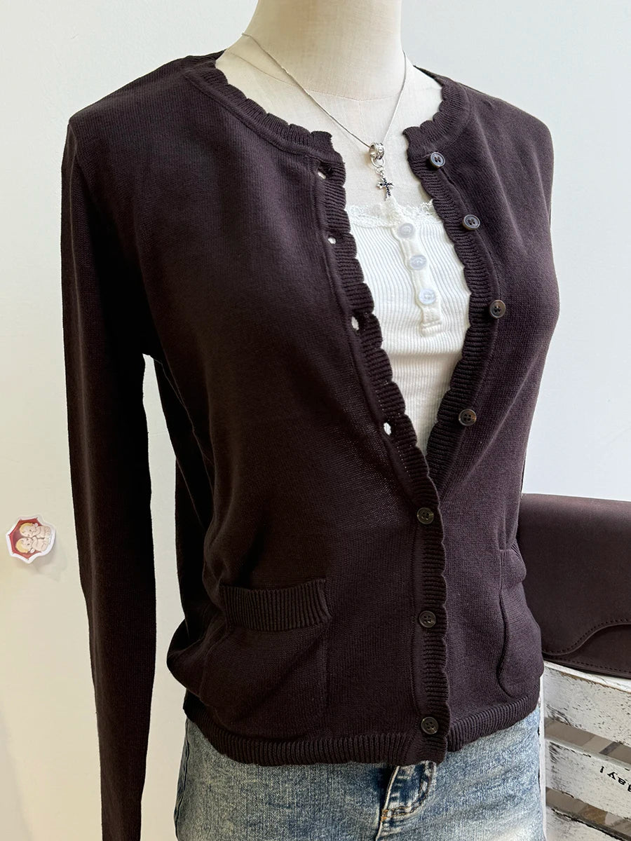 Women's Round Neck Button Front Cardigan Casual Knit Layer